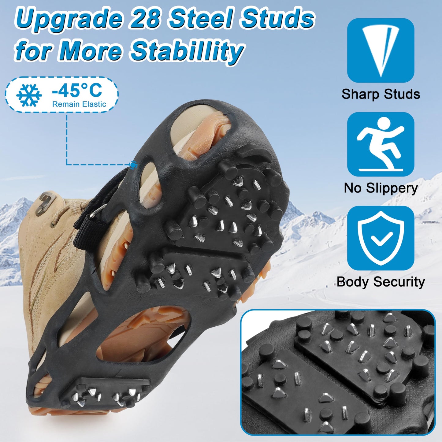 Ice Snow Traction Cleats for Shoes and Boots Non-Slip Crampon Snow Cleats for Winter Walking on Snow and Ice Boots Cleats for Men Women Walking Jogging Hiking (28 Steel Crampons, Size XL)