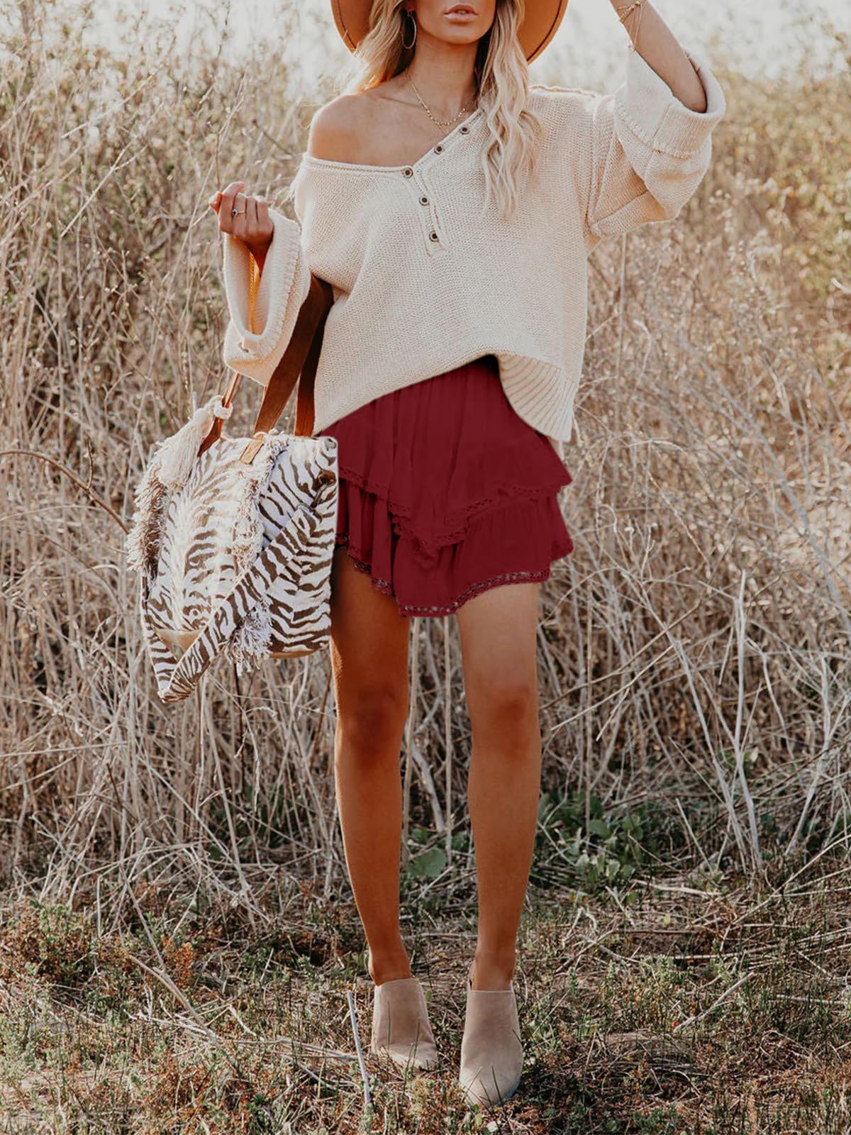 Aoudery Flowy Shorts for Women Casual Boho Ruffle Tiered Skorts High Waist Mini Skirts Golf Tennis Butterfly Crochet Shorts - Red 2XL