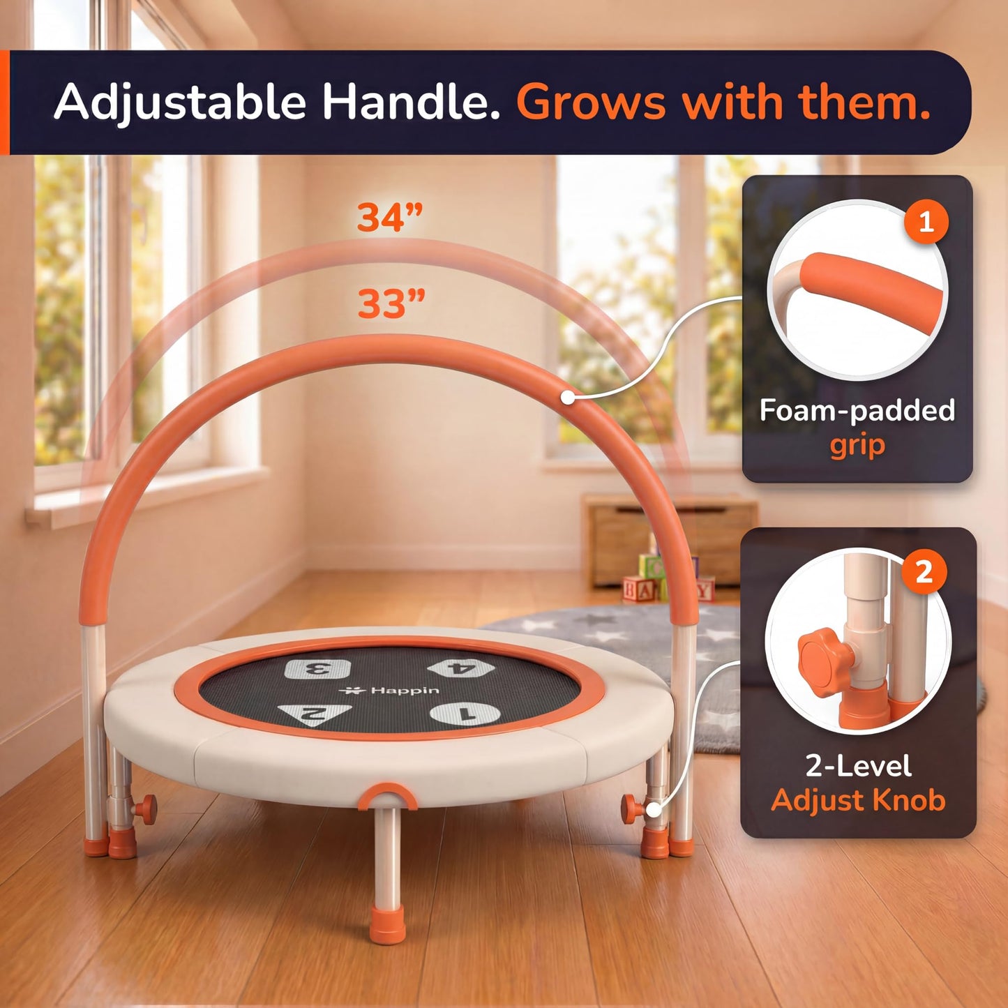 Happin® 36'' Toddler Trampoline Indoor, Foldable Mini Trampoline for Kids Ages 2-6, ASTM Certified, Adjustable Handle, Safety Pad for Indoor & Outdoor, Baby Trampolines, for Boy & Girl