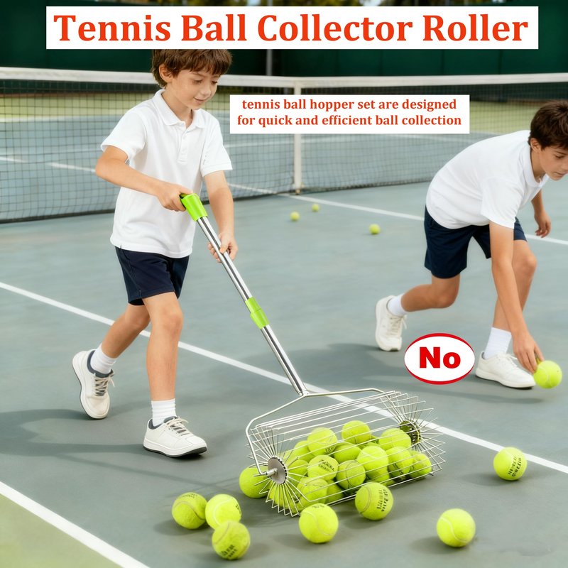 WIGERLON Tennis Ball Collector,Tennis Picker Upper for Coaches and Training Sessions,Stainless Steel Tennis Ball Retriever Holds 50 Balls