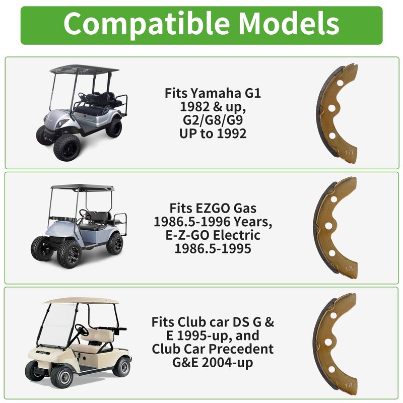 10L0L Golf Cart Brake Shoes for Club Car DS 1995-up, Precedent 2004-up, Yamaha G1 G2 G8 G9, EZGO 1986.5-1996, OEM 1018232-01 23364G1 J17-25340-00, Set of 4 (2 Long, 2 Short)