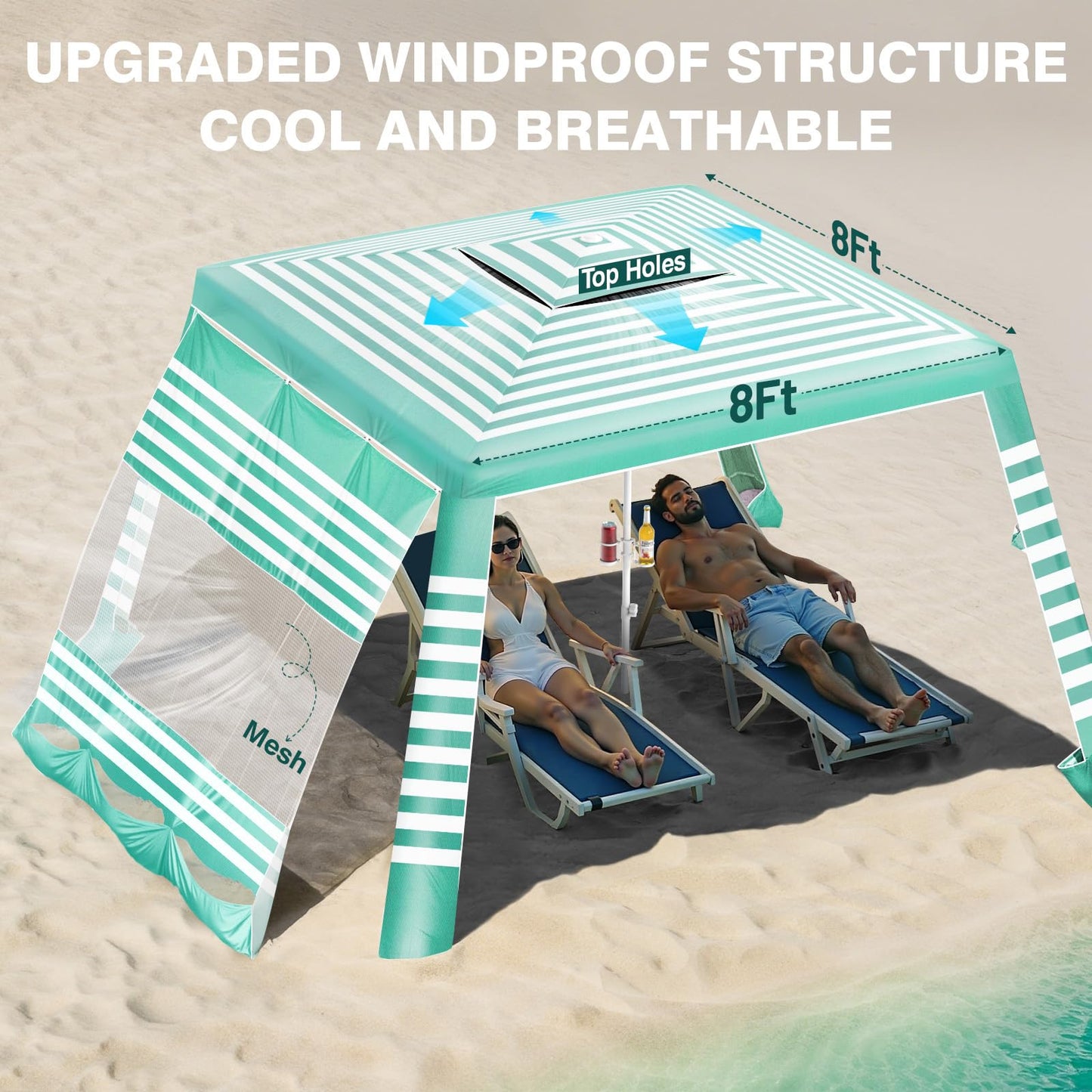 Rhino Valley Beach Cabana, 8 * 8FT Beach Tent UPF50+ Protection, Easy Setup Beach Canopy Wind Resistant with Cup Holder, Compact Beach Shade Foldable Beach Tent Sun Shelter, Green White