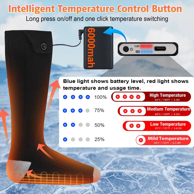 Heated Socks for Men Women, Foot Warmer with 5V 6000mAh Rechargeable Battery Powered, Up to 8 Hours,4 Levels Temperatures Setting,Thermal Heating Electric Socks,Foot Warmer