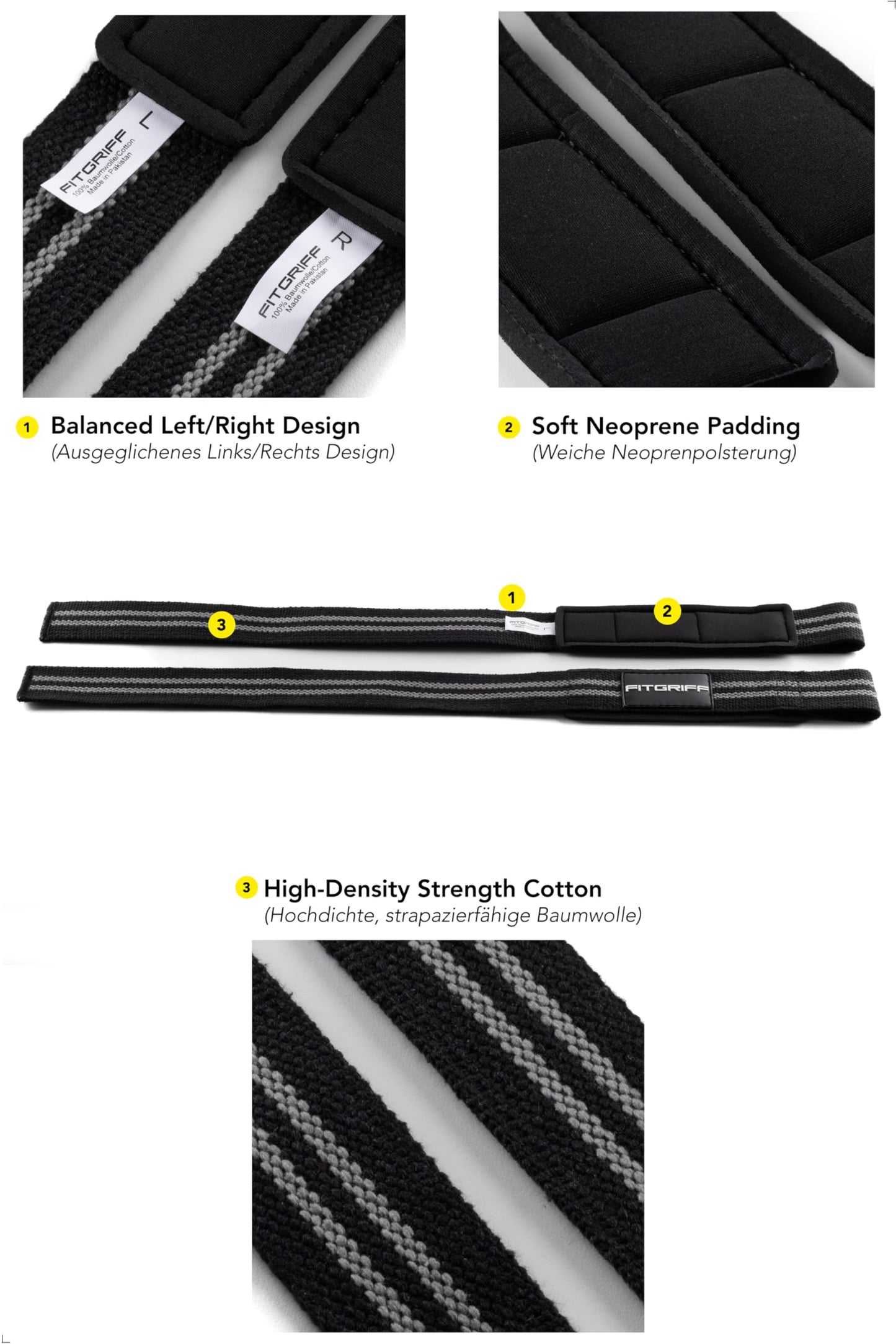 Fitgriff® Lifting Straps & Wrist Wraps (Bundle) Superior Support for Weightlifting & Gym Workouts - for Men and Women (Black/Grey)