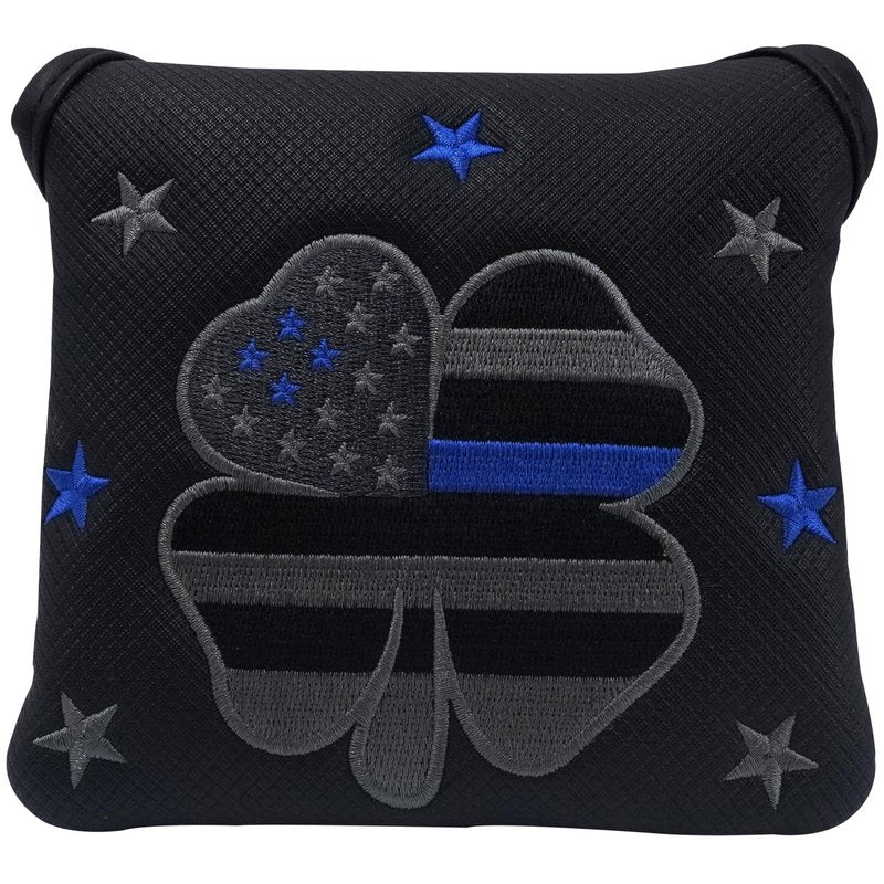 Kimpengofu Shamrock Golf Club Mallet Putter Cover Magnetic Closure Synthetic PU Leather with Embroidery Lucky Clover Stripes and Stars Pattern Design (Black)