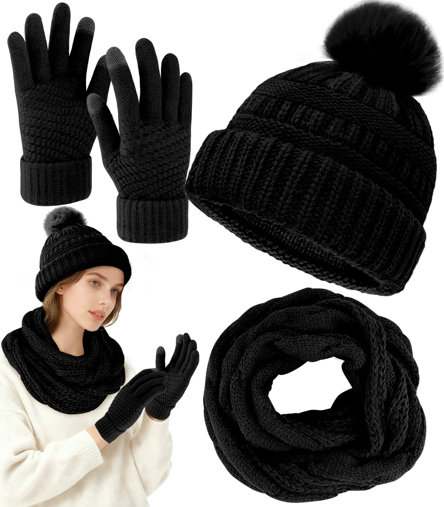 Yeendibo Winter Hat Scarf Gloves Set for Women, Warm Knit Beanie,Touch Screen Gloves and Soft Neck Warmer, 3-Piece Acrylic Knit Winter Bundle(Black)