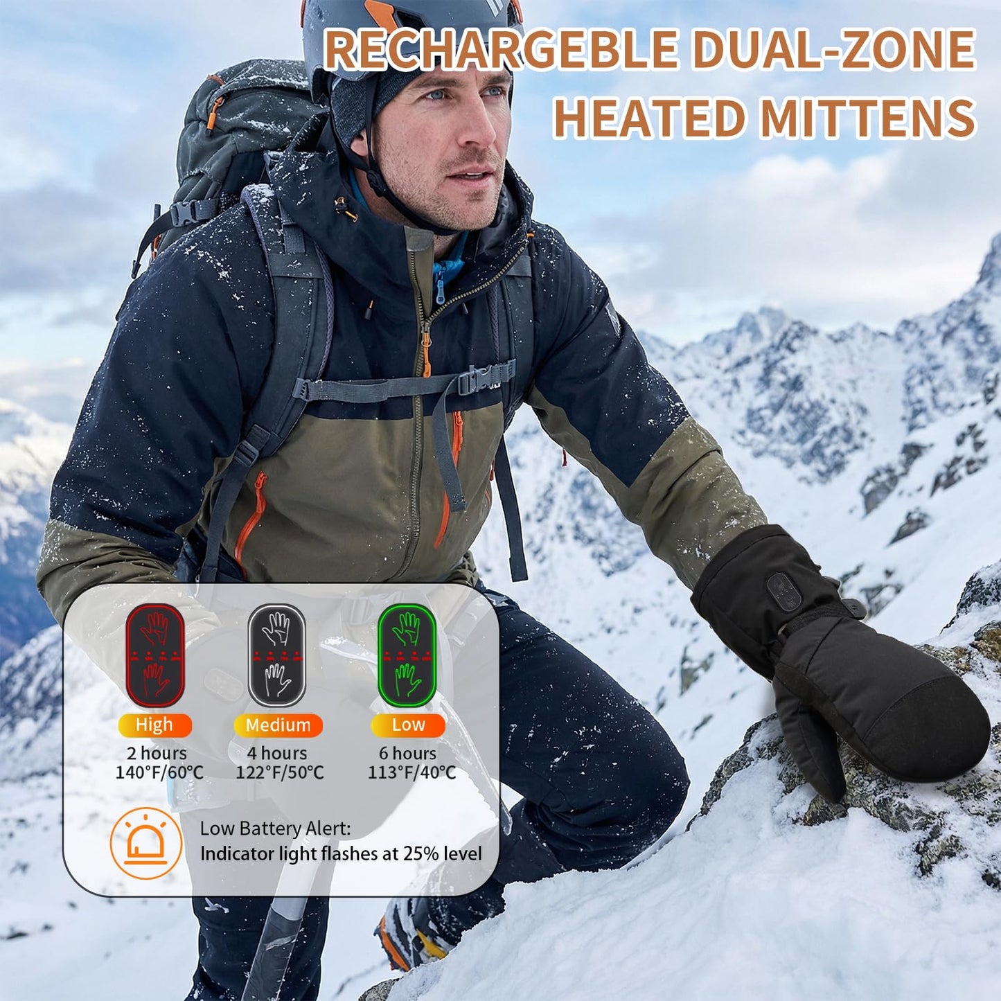 CUEHEAT Heated Mittens, Palm & Back Double Heating, Winter Outdoor Windproof Warm Thick Gloves, Battery-Powered Hand Warmer (CH04, Small)