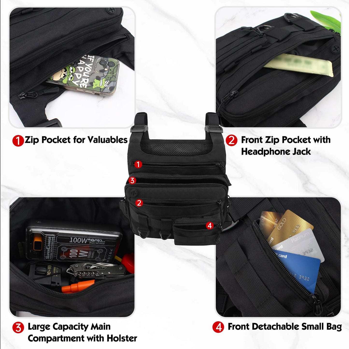 JECOLOS Tactical Chest Bag for Men Lightweight Outdoor Sport Vest Large Capacity Chest Pack, Water Resistant Vest, Practical Tool Bag