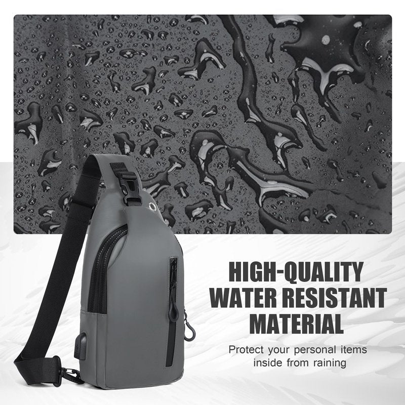 VALUEQLO Waterproof Sling Bag for Men Women Crossbody Backpack with USB Charging Port & Headphone Hole, Anti Theft Chest Pack Daypack, Adjustable Shoulder Bag for Travel, Hiking, Running, Light Grey