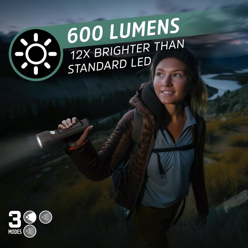 Energizer S-600 LED Flashlight Rechargeable Solar and AA Battery Power Options, Super Bright IPX4 Water Resistant Flashlights High Lumens for Emergencies, Outdoors, DIY