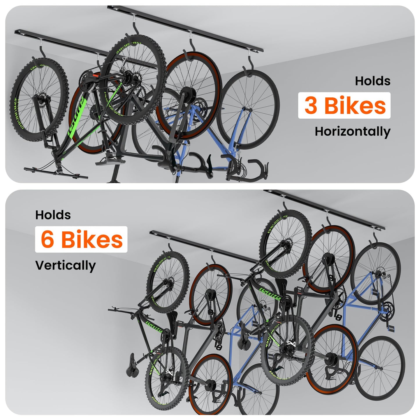 Ultrawall Ceiling Bike Rack for Garage, Indoor Bike Hanger with 6 Adjustable Bike Hooks for up to 3 Bikes (Horizontally), 6 Bikes (Vertically)