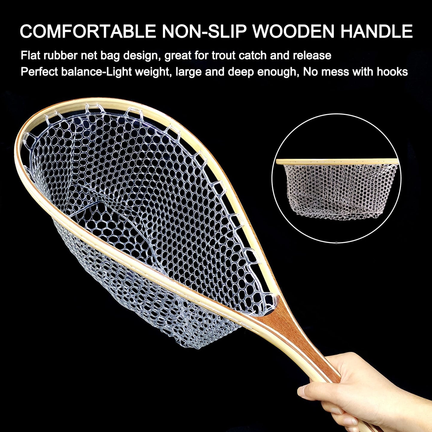 Aventik Fly Fishing Landing Net for Trout Soft Rubber Ghost Mesh Catch and Release Wooden Frame Lightweight and Tangle-Free(HWRN08)