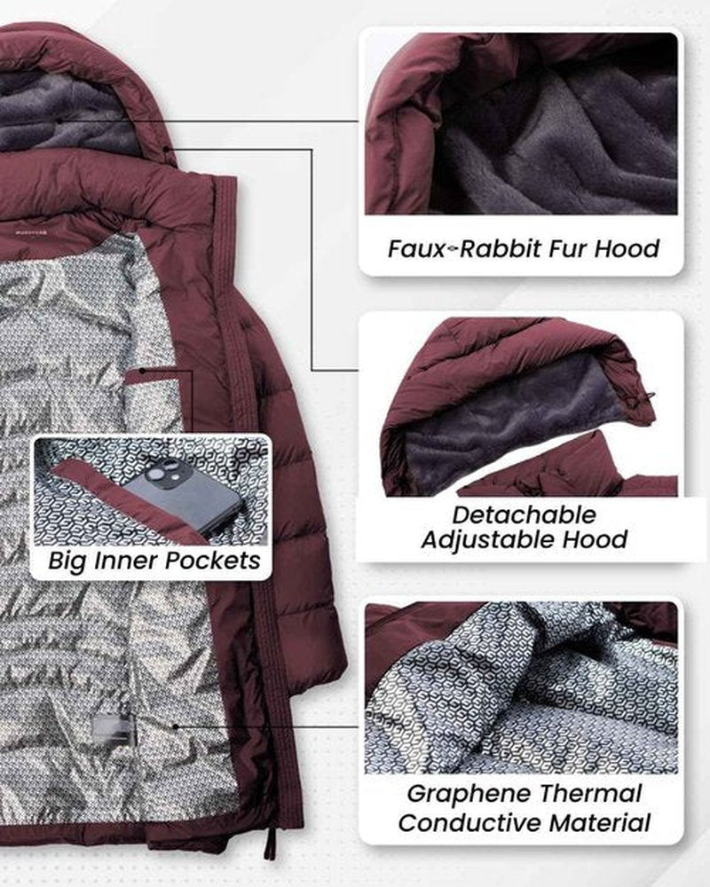 PUREPEAR Women's Winter Warm Light Long Puffer Jacket with Detachable Hood Red XL