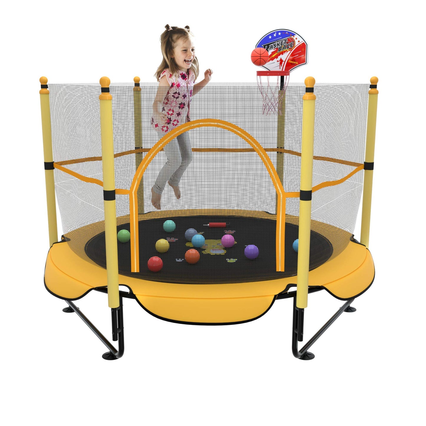 5FT Trampoline for Kids Toddler Indoor Trampoline with Safety Enclosure Net, Mini Basketball Hoop, Jumping Mat for Home Entertainment Equipment Outdoor Backyard Games (Yellow)