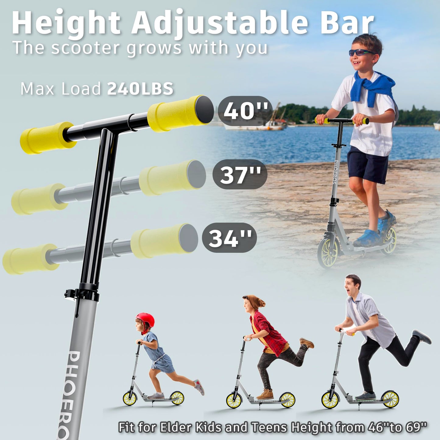 PHOEROS Kick Scooter for Kids Ages 6-12,Teens & Adults, Youth. Lightweight Aluminum Kick Scooter for Teens Adults Boys Girls with 8 inch Big Wheels, Foldable, 3 Height Adjustable, Shock Absorption.
