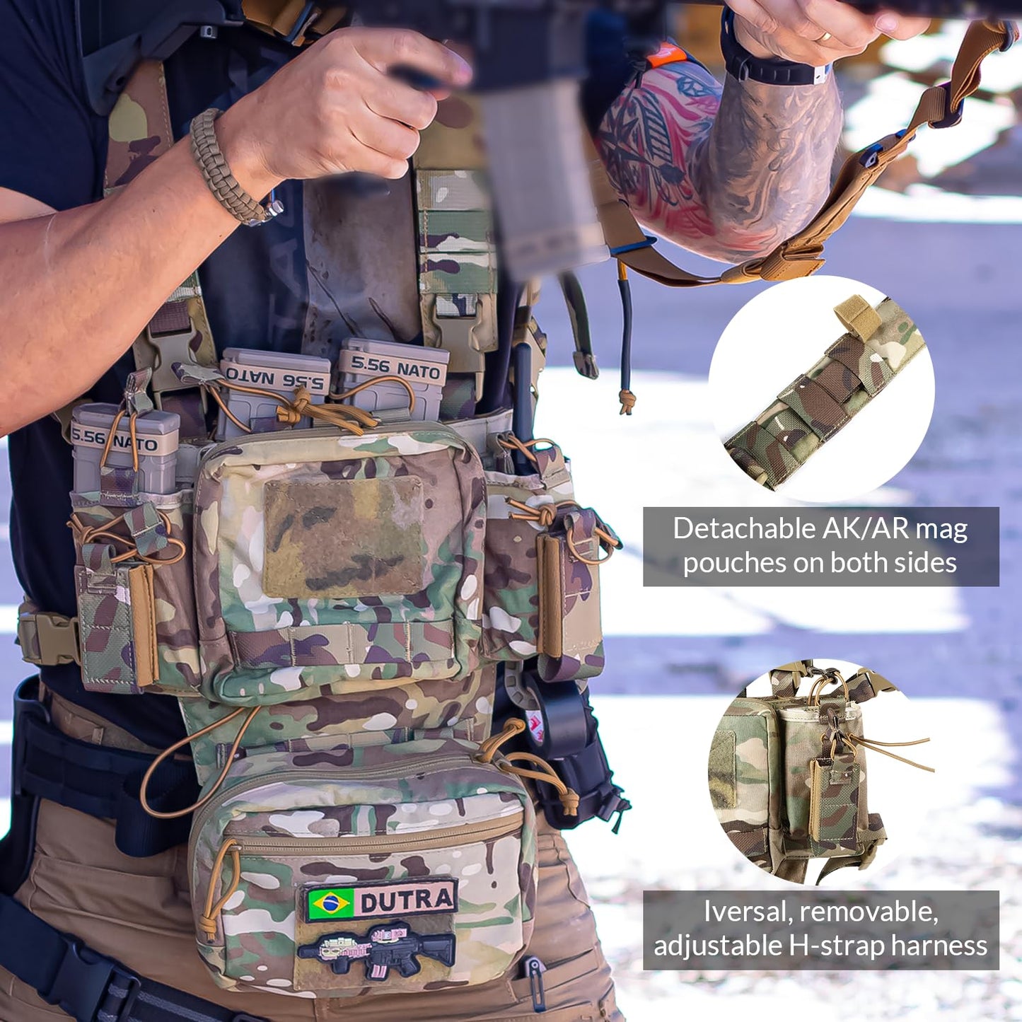 VOTAGOO GEAR Chest Rig-Tactical Chest Rig, Adjustable & Detachable Molle Micro Chest Rigs, with 5.56/7.62 Magazine Pouch, Pistol Pouch