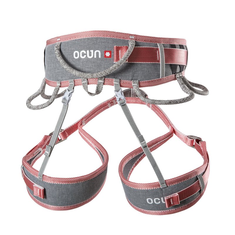 Ocun Women’s Twist Tech Eco Lady Climbing Sport Harness, Lightweight Three Buckle Harness for Trad, Alpine & Rock Climbing, Grey/Red, M-L