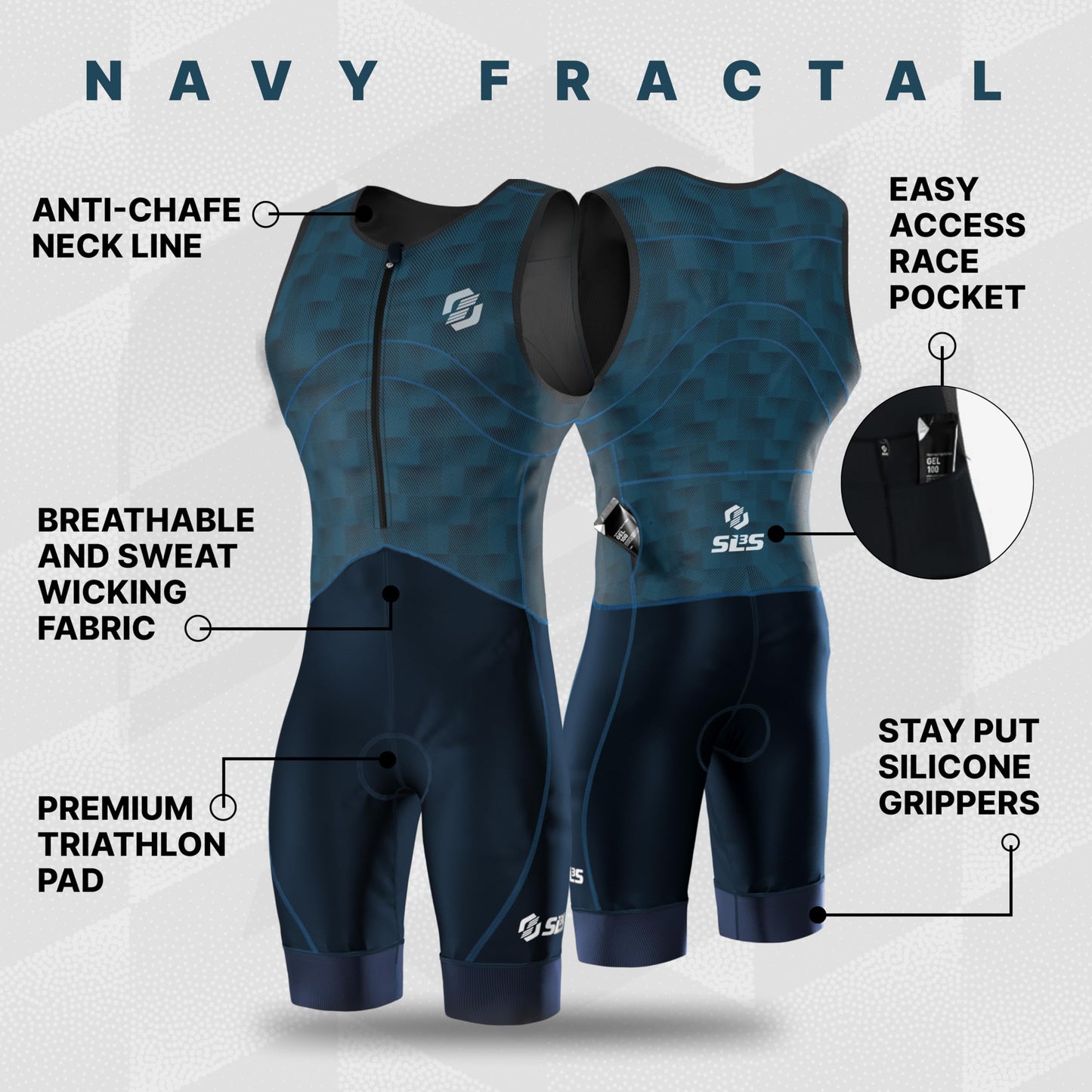 SLS3 Triathlon Suits Mens - Premium Trisuit Triathlon Men - Sleeveless, Quick Drying Tri Kit with Large Back Pocket (Navy Fractal, X-Large)