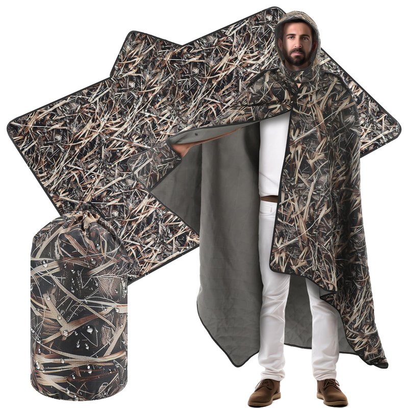 55" x 95" Waterproof Woobie Camo Blanket for Hunting Extra Outdoor Stadium Blankets Sherpa Lining with Hood and Storage Pocket for Deer Duck Hunting Gear Blind Accessories(Waterfowl Grass Camo)