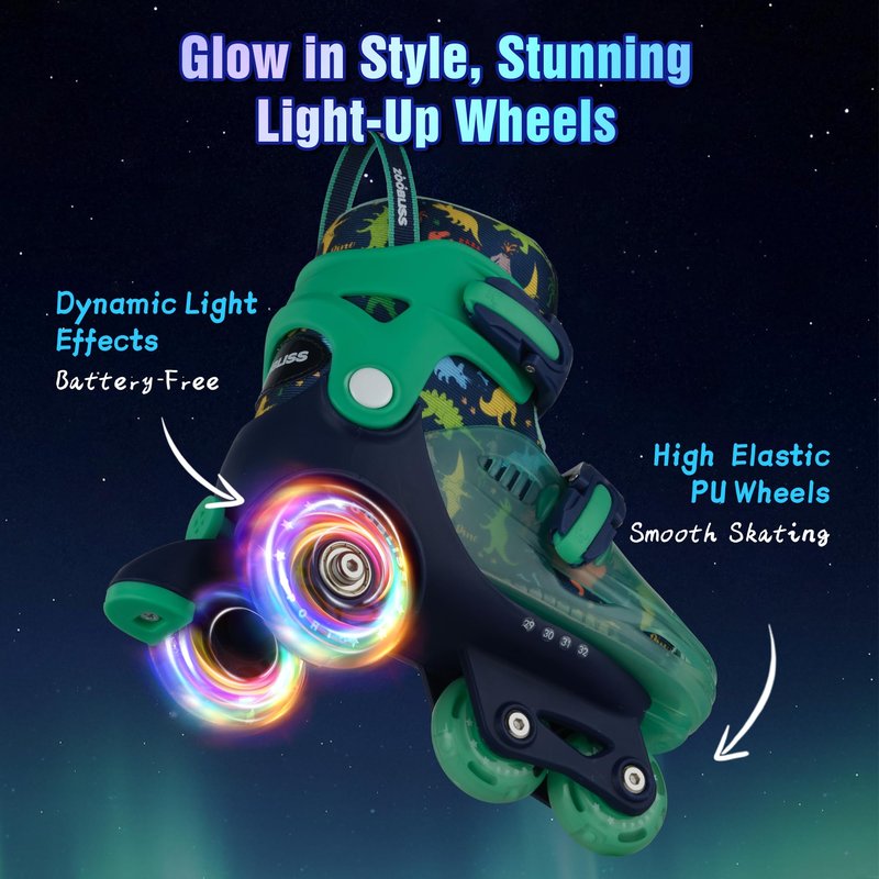Kids Roller Skates for Beginners - ZOOBLISS Toddler Roller Skates for Boys Ages 3-7 with Light-Up Wheels & 4 Adjustable Sizes, Tri-Wheel Training Skates for Kids (Dino Blue)