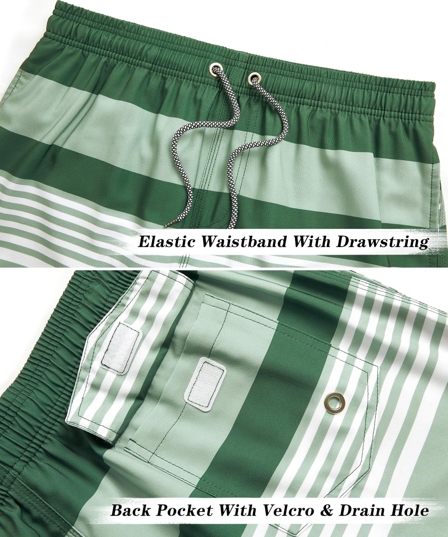 ELETOP Men's Swim Trunks Quick Dry Bathing Suit Swimming Board Shorts Mesh Lining Beach Swimwear Stripe Green White XXL