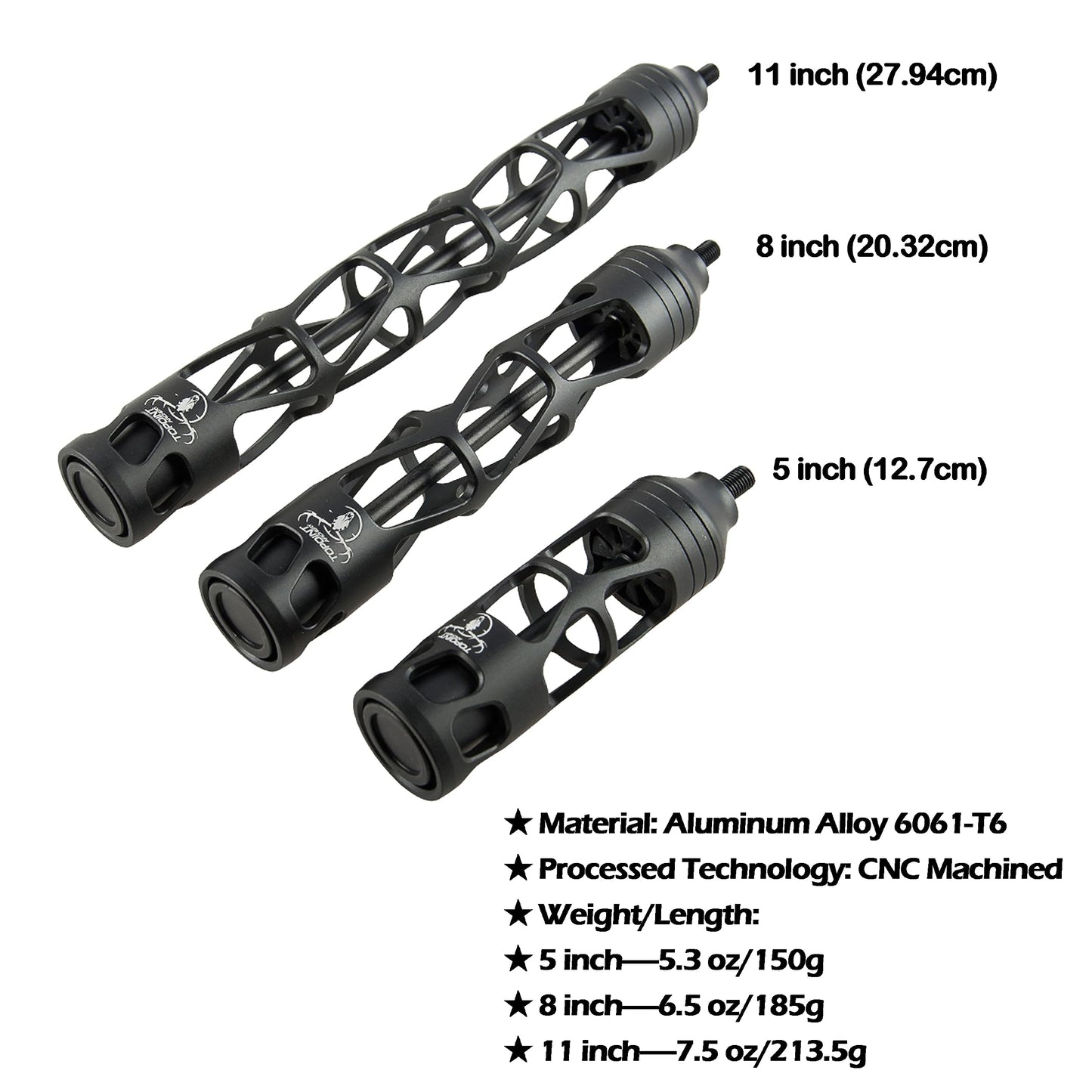 ZSHJGJR Archery Bow Stabilizer Aluminum Alloy, Shock Absorber, 5 Inch 8 Inch 11 Inch, Bow Stabilizer Vibration Damper, All-CNC Aluminum Machined for Compound Bow Accessories (Black, 5 Inch)