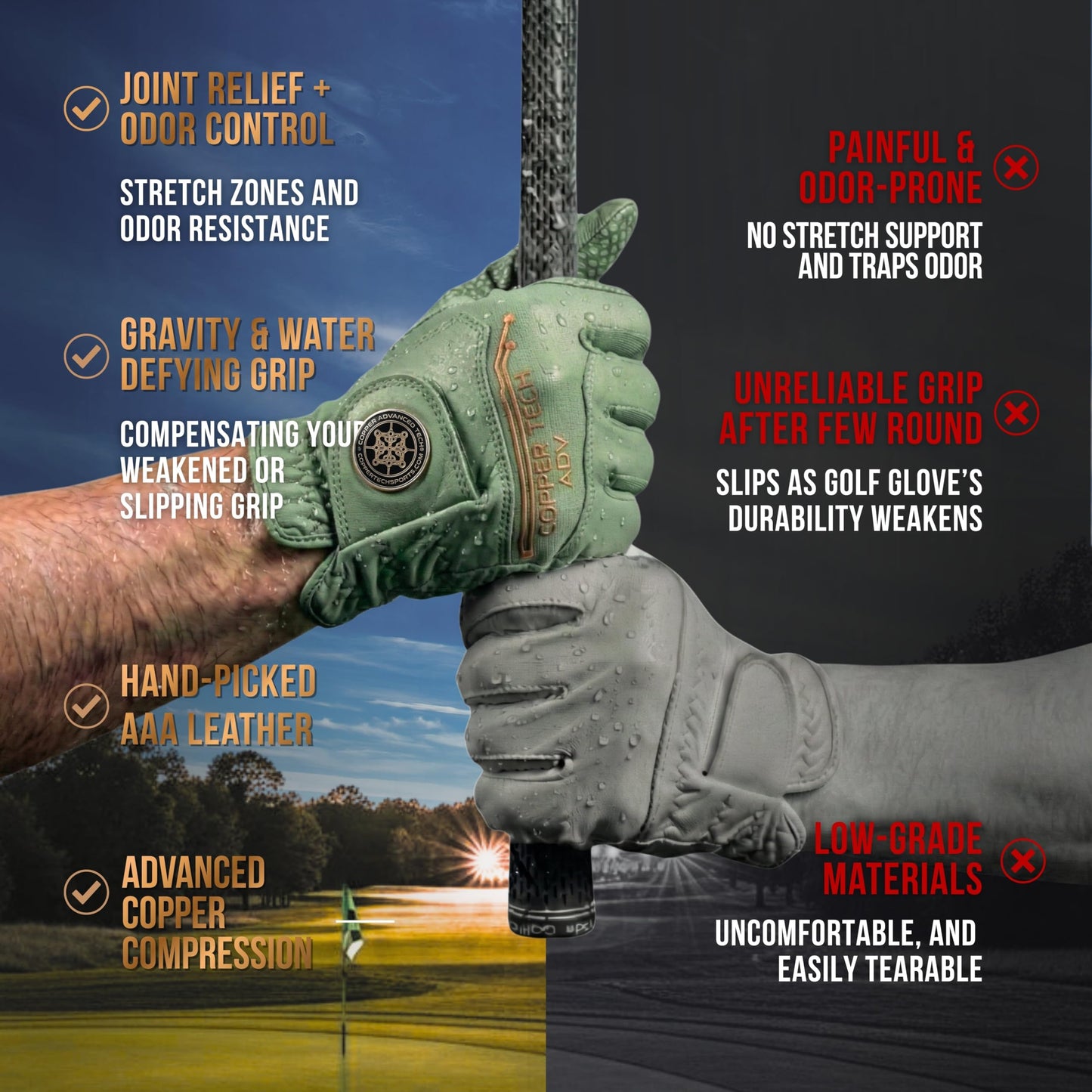 Copper Advanced Tech 2.0 Golf Gloves for Men | Copper Compression Joint Support, Tacky Grip, Tear Resistant Durability (Green/Green, XX-Large, Right Hand for Left-Handed Golfer)