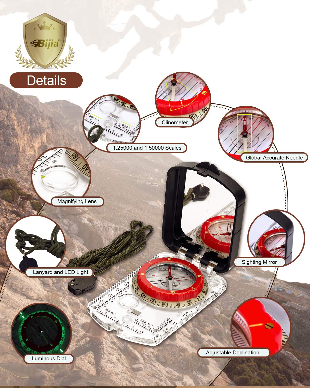 BIJIA Orienteering Map Compass -Sighting Mirror Compass with Adjustable Declination,Clinometer and LED light for Hiking, Camping,Orienteering,Hunting,Global Mountaineering,Navigating and SAR training.