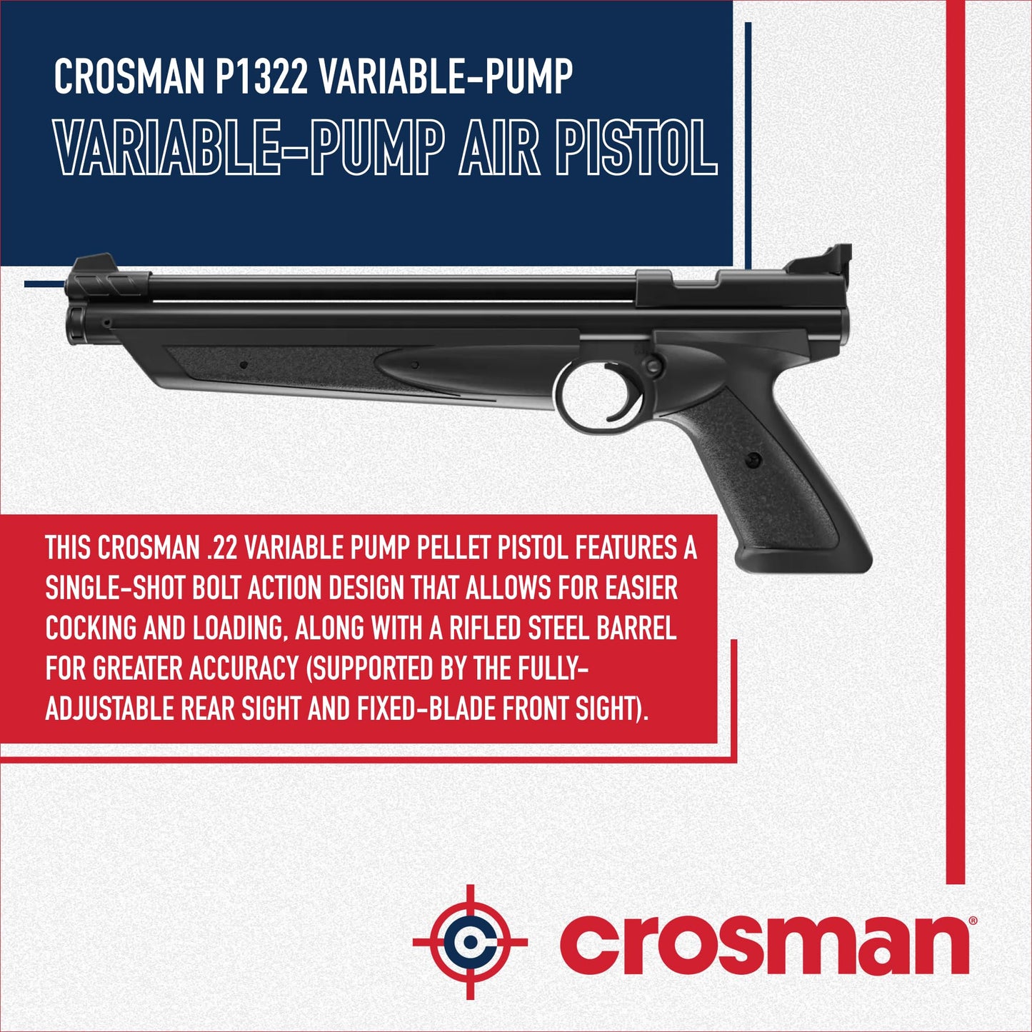 Crosman P1322 American Classic Variable Pump .22-Caliber Pellet Air Pistol - Single Shot Bolt Action - 460 FPS - Black