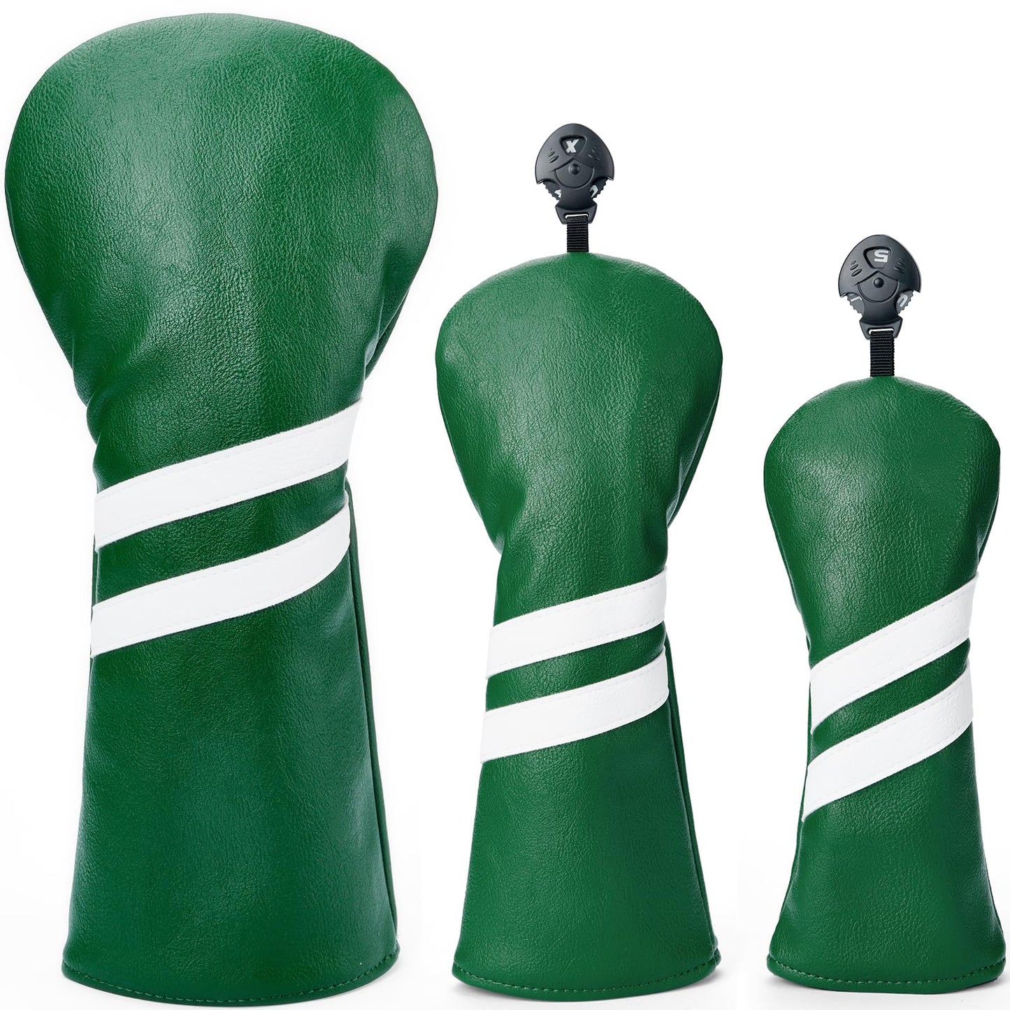 Gbourly 3PCS Vintage Golf Club Classic Green and Black Driver, Fairway Wood and Hybrid Head Covers Set PU Leather Headcovers with Interchangeable No. Tag (Green)