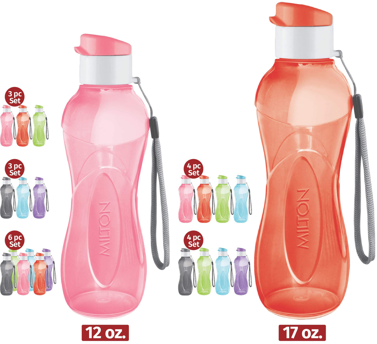 MILTON 6- pack -12 oz Kids Water Bottle for School Reusable Leak proof Small Sports Water Bottle BPA Free Durable Plastic Leak Free with Carry Strap for Lunch Travel Cycling Camping Gym Yoga -6 colors