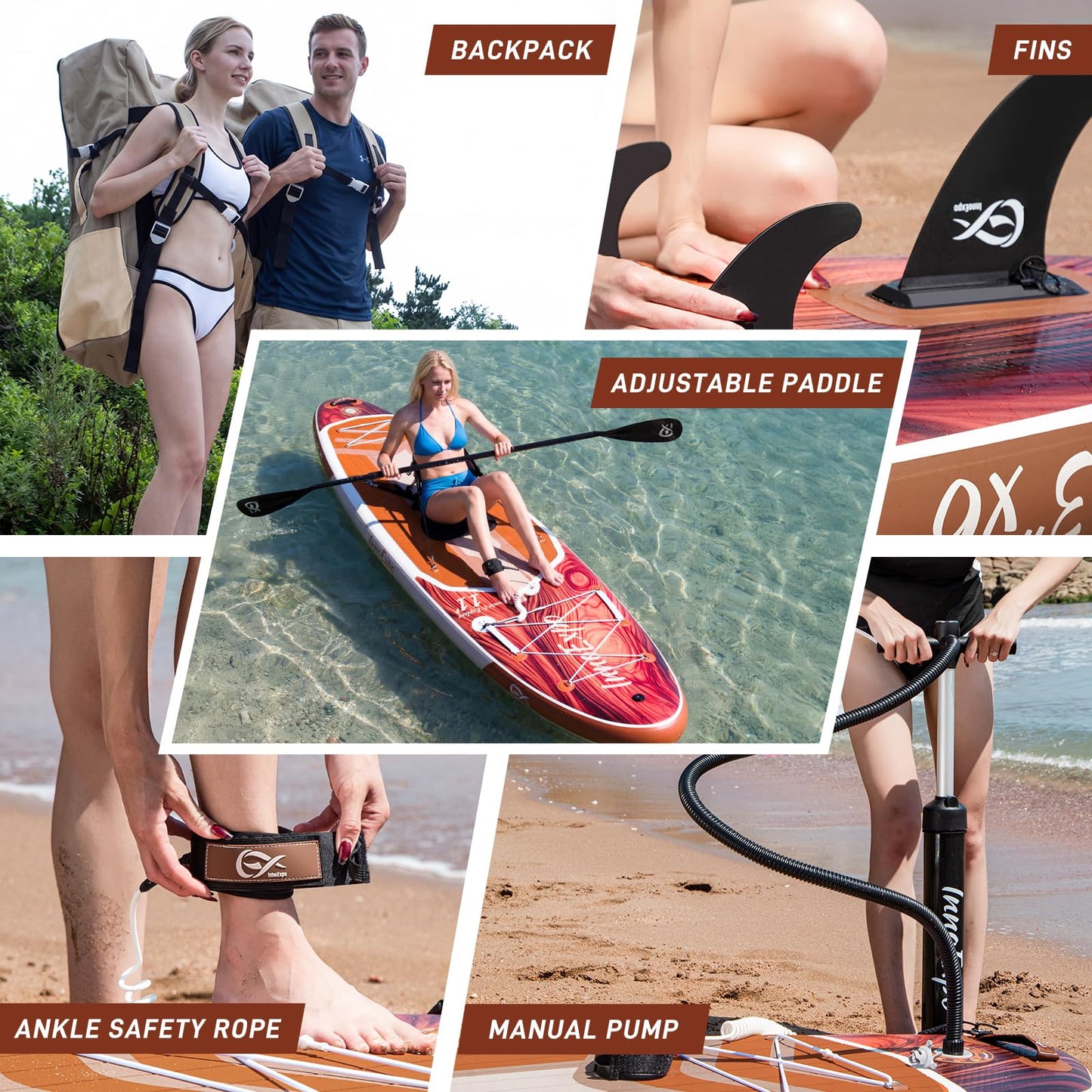 InnoExpo 11' Inflatable Stand Up Paddle Boards with Premium Accessories, Wide Stable SUP Paddle Board Design, Non-Slip Comfort Deck for Youth & Adults (Timber/Kayak Seat)