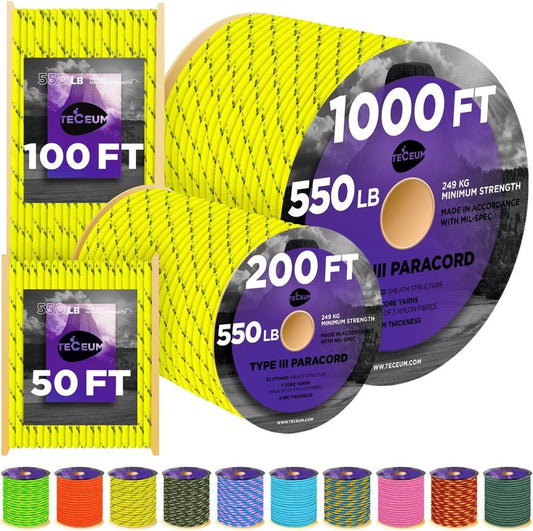 Reflective Paracord Rope - Glow in The Dark Utility Rope for Survival | 1000ft, 200ft, 100ft, 50ft, 40+ Colors