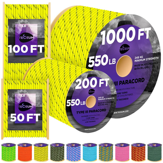 TECEUM Paracord Type III 550 Reflective Neon Yellow – 50 ft – Tactical Rope MIL-SPEC – Outdoor para Cord –Camping Hiking Fishing Gear and Equipment – EDC Parachute Cord – Strong Survival Rope 319rf