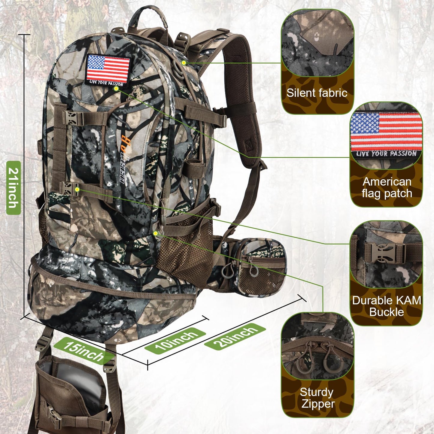 YVLEEN Hunting Backpack, Durable Camo Hunting Packs for Men, Large Capacity Hunting Day Pack for Rifle Bow Gun