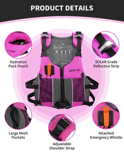 Owntop Swim Vest Youth 75-125 lbs, Lightweight Kayak Kids Swim Jacket Boys Grils, Hydration Pocket for Wakeboard, Boating, Fishing, Water Sports (Pink, XS/S)