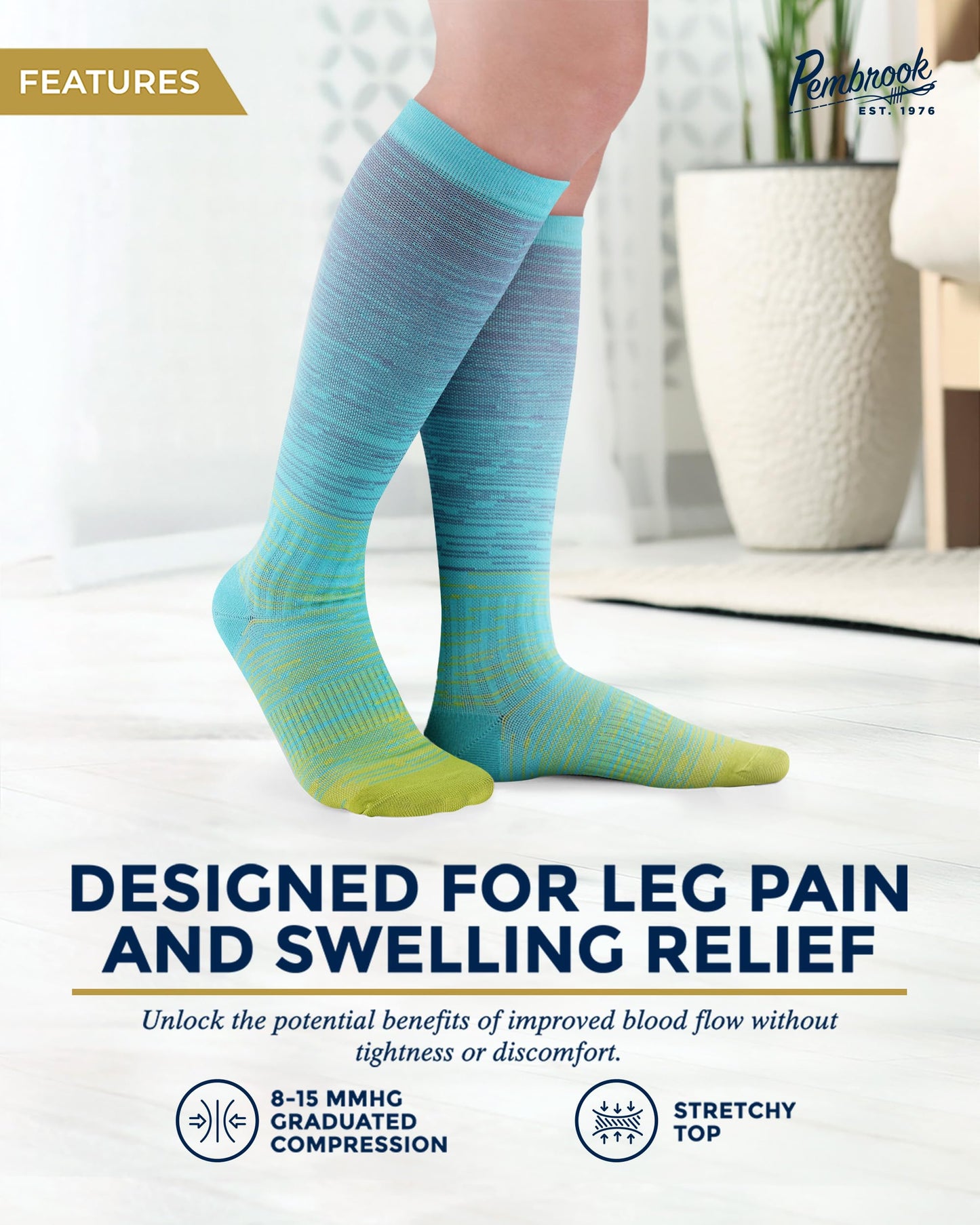 Pembrook Bamboo Viscose Light Compression Socks - 3 Pairs | 8-15 mmHg Compression Socks Women and Men | Support Socks for Soreness, Varicose Veins, Edema | Line Patterns