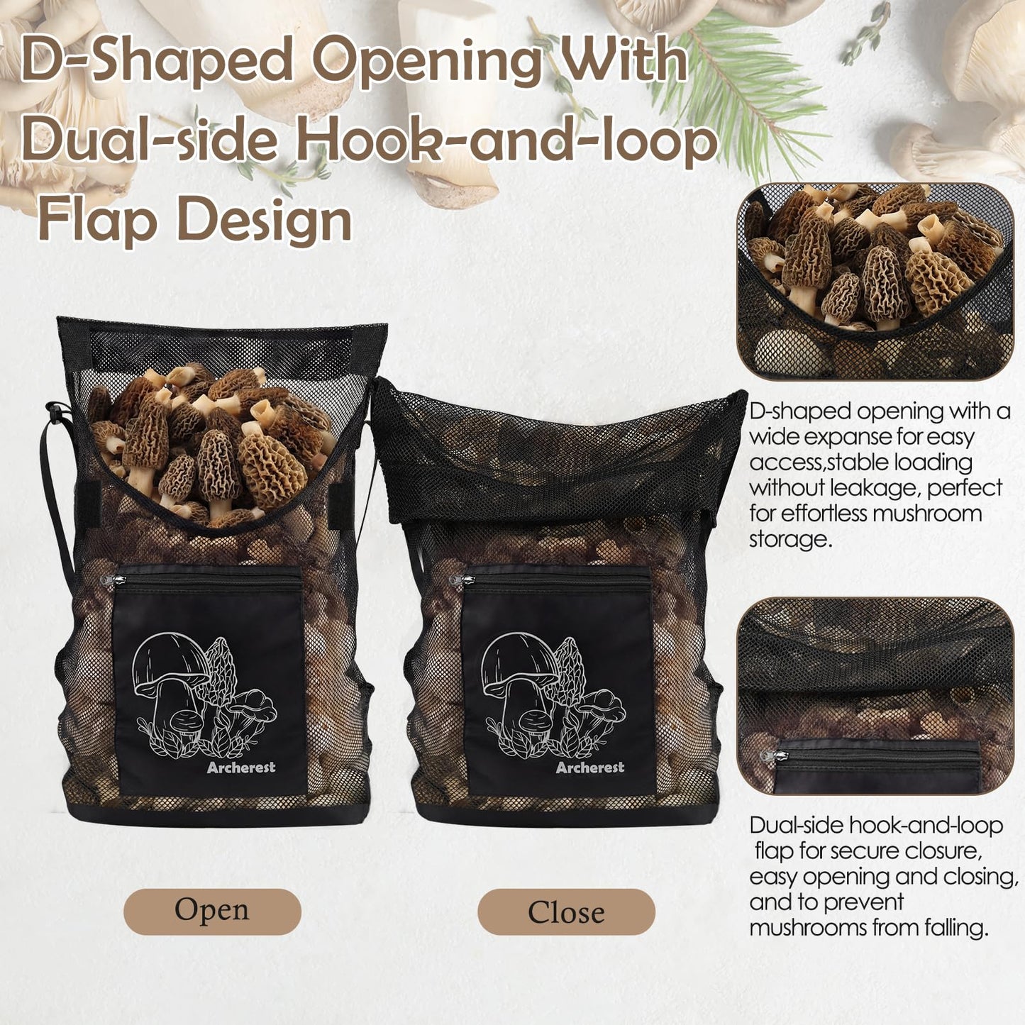 2 Pack D-shaped Opening Mushroom Foraging Bag, Morel Picking Mesh Hunting Pouch for Outdoor Foraging and Fruit, Mushroom Basket Harvesting Bags with Adjustable Shoulder Strap