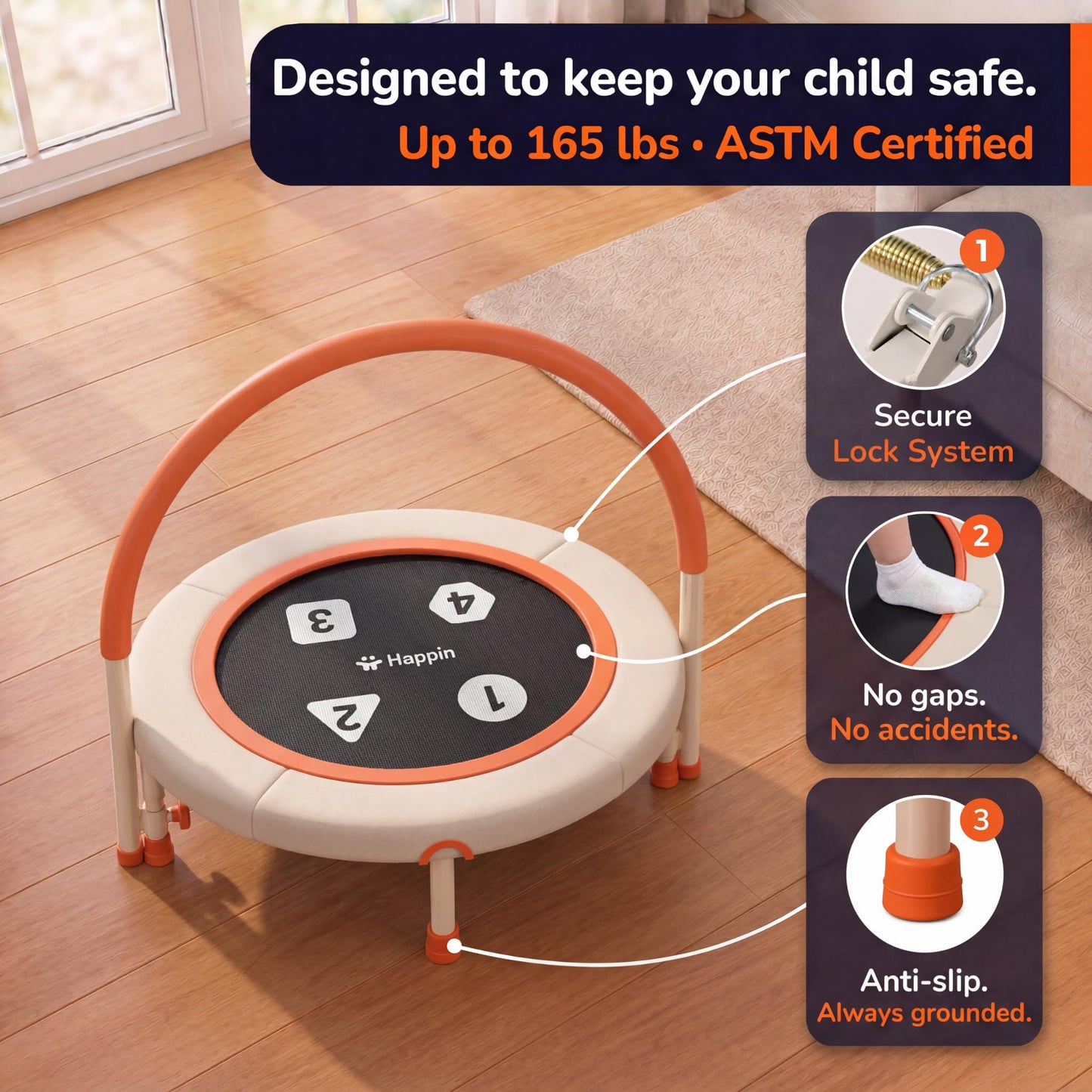 Happin® 36'' Toddler Trampoline Indoor, Foldable Mini Trampoline for Kids Ages 2-6, ASTM Certified, Adjustable Handle, Safety Pad for Indoor & Outdoor, Baby Trampolines, for Boy & Girl