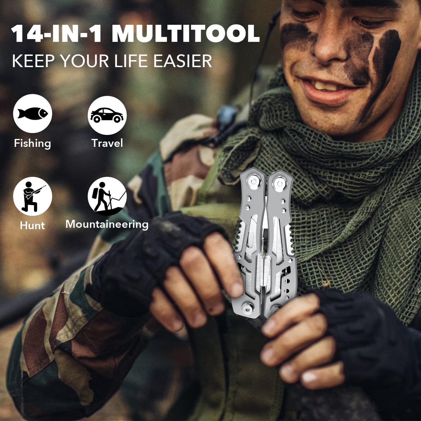 14-In-1 Multitool Pliers，Premium Portable Multi Tool ，with Safety Locking Professional Stainless Steel Multitool Pliers Pocket Knife,Apply to Survival, Camping, Gifts for Dad Husband Boyfriend