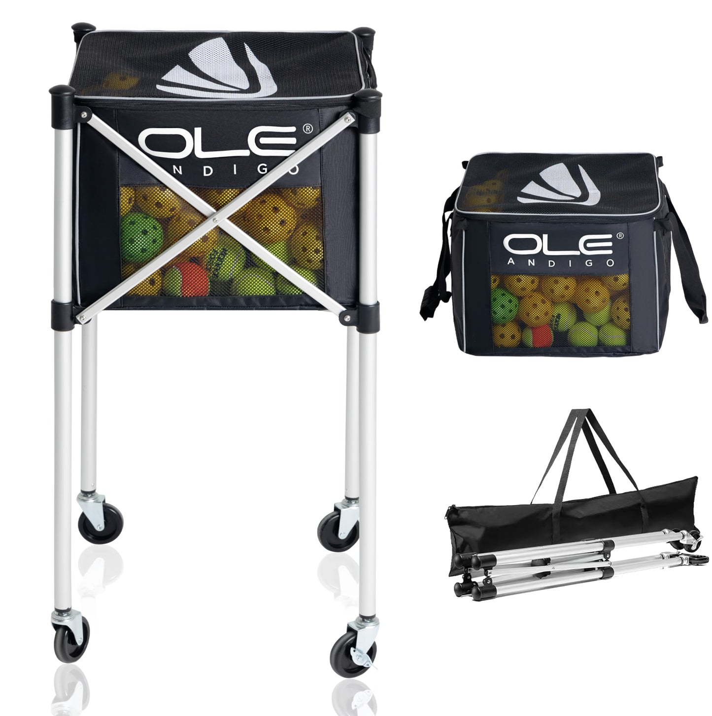 OLE ANDIGO Pickleball Hopper Cart,Tennis Balls Hopper,Can Holds 180 Pickleballs or 210 Tennis Balls,Lightweight Ball Cart with Wheels,Pickle Ball Equipment,Ball Caddy for Training Travel