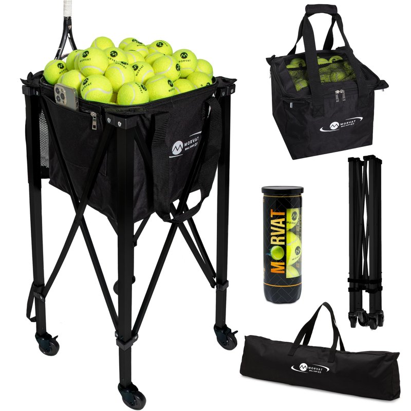 MORVAT Professional Tennis & Pickle Ball Hopper Holds 165 Balls Heavy-Duty Pro Sports Practice Cart, Foldable Portable Compact & Lightweight Zippered Pocket & Racket Holder, Carry Bag + 3 Tennis Balls