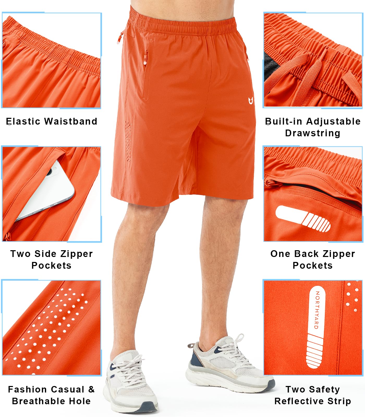 NORTHYARD Men's Athletic Running Shorts Gym Workout 7"/9"/5" Quick Dry Lightweight Sports Basketball Tennis 3 Zipper Pockets ORANGE-9inch S