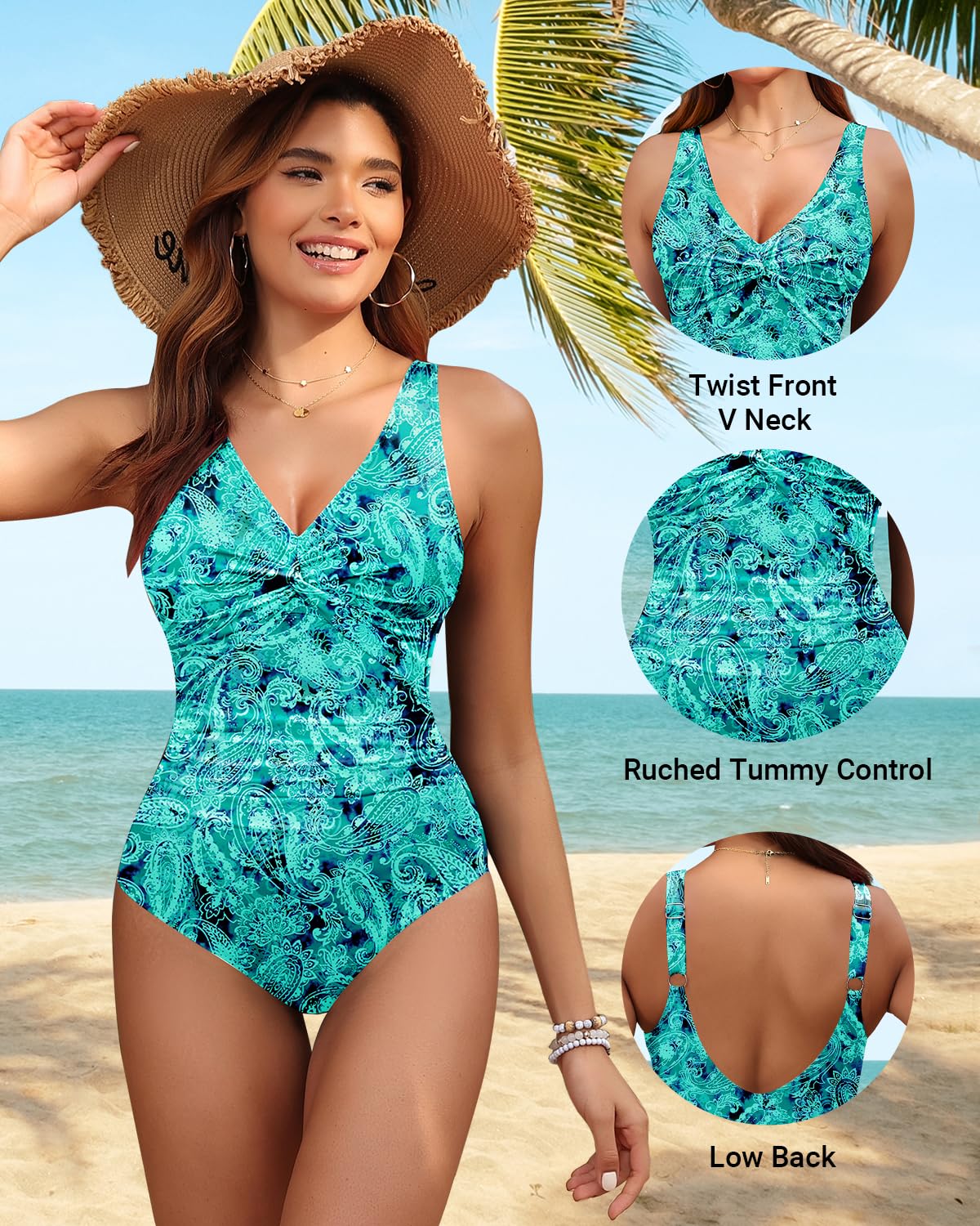 Holipick Green Paisley Women Tummy Control One Piece Swimsuit - Push Up Bathing Suit Full Coverage Slimming Swimwear XL