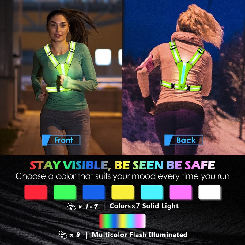 Topward LED Reflective Vest Running Gear, 8 Lights Colors Illuminated, USB-C Rechargeable, High Visibility Safety Vest with Adjustable Waist/Shoulder, Light Up Vest for Night Dog Walking Cycling
