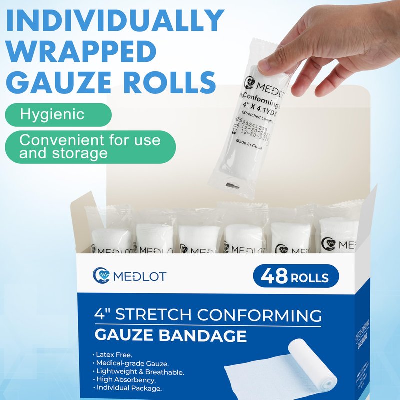 LotFancy Gauze Rolls, 48 Count, 4 Inch x 4.1 Yards, Rolled Gauze Wrap, Conforming Stretch Bandage for Wounds Care, Medical Supplies for First Aid