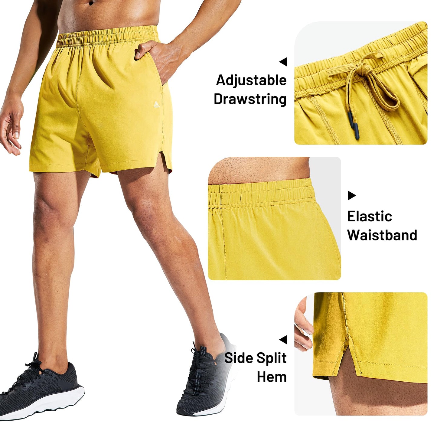 Haimont Mens Gym Shorts with Pockets, Elastic Waist Water Resistant Athletic Workout Exercise Fitness Shorts, 5 Inch, Yellow, M