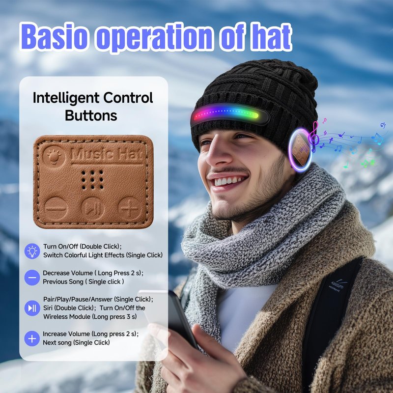 Colorful Light Beanie Hat with Bluetooth, Unisex Wireless Beanie Cap Headlamp Music hat, Windproof Warm Knit hat for Winter, Multi Light Modes