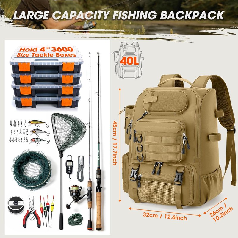 Fishing Backpack with Rod Holders & Cooler - 40L Water Resistant Tackle Bag with Rain Cover