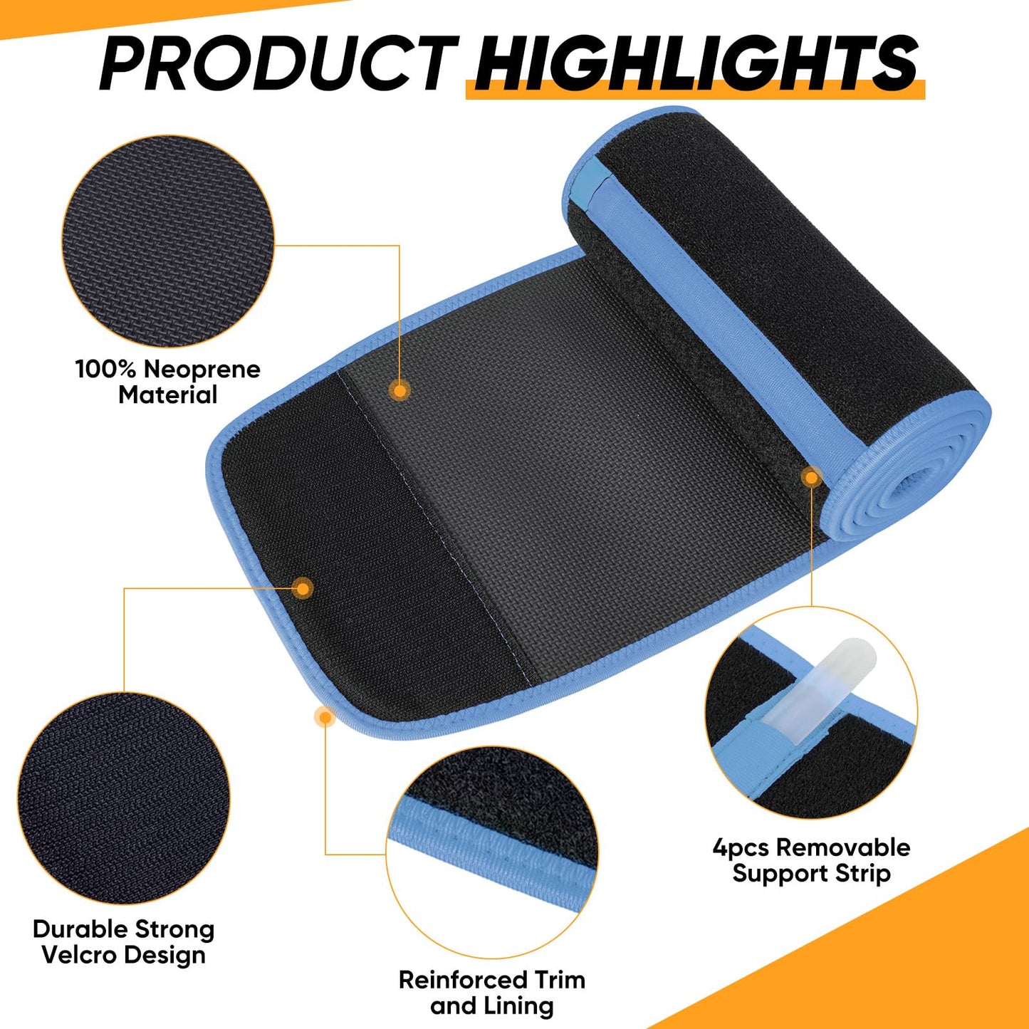 APEXUP Waist Trainer for Women Lower Belly Fat, Men Sweat Band, Stomach Wrap, Waist Trimmer with Removable Lumbar Support (Black/Blue, XL)